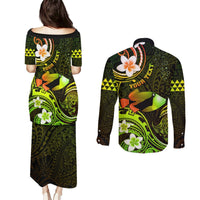 Personalised Hawaii Humuhumu Reef Triggerfish Couples Matching Puletasi and Long Sleeve Button Shirt Reggae With Plumeria LT05 - Polynesian Pride