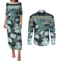 Hawaii Plant Kalo Couples Matching Puletasi and Long Sleeve Button Shirt Hawaiian Tapa Pattern LT05 Green - Polynesian Pride