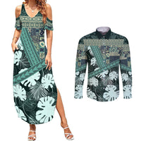 Hawaii Plant Kalo Couples Matching Summer Maxi Dress and Long Sleeve Button Shirt Hawaiian Tapa Pattern LT05 Green - Polynesian Pride