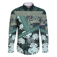 Hawaii Plant Kalo Family Matching Mermaid Dress and Hawaiian Shirt Hawaiian Tapa Pattern LT05 Dad's Shirt - Long Sleeve Green - Polynesian Pride