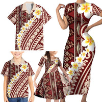 Red Vintage Tonga Ngatu Pattern With Plumeria Family Matching Short Sleeve Bodycon Dress and Hawaiian Shirt LT05 - Polynesian Pride