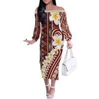 Red Vintage Tonga Ngatu Pattern With Plumeria Off The Shoulder Long Sleeve Dress - Polynesian Pride