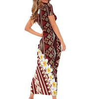 Red Vintage Tonga Ngatu Pattern With Plumeria Short Sleeve Bodycon Dress - Polynesian Pride