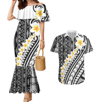 Black Vintage Tonga Ngatu Pattern With Plumeria Couples Matching Mermaid Dress and Hawaiian Shirt LT05 Black - Polynesian Pride