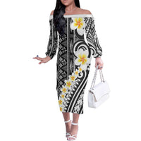 Black Vintage Tonga Ngatu Pattern With Plumeria Family Matching Off The Shoulder Long Sleeve Dress and Hawaiian Shirt LT05 Mom's Dress Black - Polynesian Pride