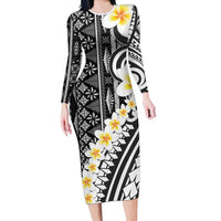 Black Vintage Tonga Ngatu Pattern With Plumeria Long Sleeve Bodycon Dress - Polynesian Pride