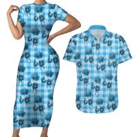 Blue Palaka Hawaii Couples Matching Short Sleeve Bodycon Dress and Hawaiian Shirt Hawaiian Lehua Blossoms