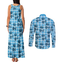 Blue Palaka Hawaii Couples Matching Tank Maxi Dress and Long Sleeve Button Shirt Hawaiian Lehua Blossoms