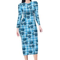 Blue Palaka Hawaii Family Matching Long Sleeve Bodycon Dress and Hawaiian Shirt Hawaiian Lehua Blossoms LT05 Mom's Dress Blue - Polynesian Pride