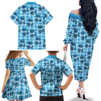 Blue Palaka Hawaii Family Matching Off The Shoulder Long Sleeve Dress and Hawaiian Shirt Hawaiian Lehua Blossoms LT05 - Polynesian Pride