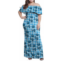 Blue Palaka Hawaii Family Matching Off Shoulder Maxi Dress and Hawaiian Shirt Hawaiian Lehua Blossoms LT05 Mom's Dress Blue - Polynesian Pride