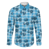 Blue Palaka Hawaii Family Matching Off Shoulder Short Dress and Hawaiian Shirt Hawaiian Lehua Blossoms LT05 Dad's Shirt - Long Sleeve Blue - Polynesian Pride