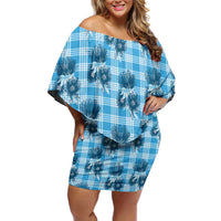 Blue Palaka Hawaii Family Matching Off Shoulder Short Dress and Hawaiian Shirt Hawaiian Lehua Blossoms LT05 Mom's Dress Blue - Polynesian Pride