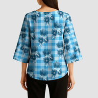 Blue Palaka Hawaii Kimono Sleeve Blouse Hawaiian Lehua Blossoms