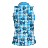Blue Palaka Hawaii Women Sleeveless Polo Shirt Hawaiian Lehua Blossoms
