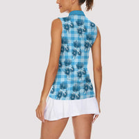 Blue Palaka Hawaii Women Sleeveless Polo Shirt Hawaiian Lehua Blossoms