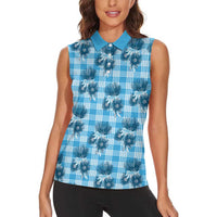 Blue Palaka Hawaii Women Sleeveless Polo Shirt Hawaiian Lehua Blossoms