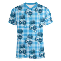 Blue Palaka Hawaii Women V-Neck T-Shirt Hawaiian Lehua Blossoms