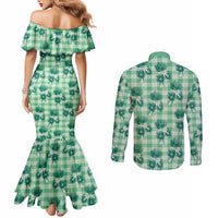 Green Palaka Hawaii Couples Matching Mermaid Dress and Long Sleeve Button Shirt Hawaiian Lehua Blossoms