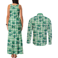 Green Palaka Hawaii Couples Matching Tank Maxi Dress and Long Sleeve Button Shirt Hawaiian Lehua Blossoms