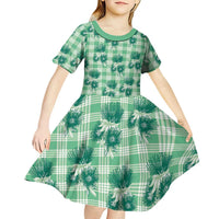 Green Palaka Hawaii Kid Short Sleeve Dress Hawaiian Lehua Blossoms