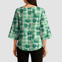 Green Palaka Hawaii Kimono Sleeve Blouse Hawaiian Lehua Blossoms
