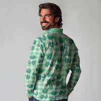Green Palaka Hawaii Long Sleeve Polo Shirt Hawaiian Lehua Blossoms