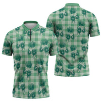 Green Palaka Hawaii Zipper Polo Shirt Hawaiian Lehua Blossoms