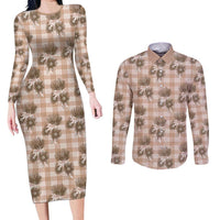 Brown Palaka Hawaii Couples Matching Long Sleeve Bodycon Dress and Long Sleeve Button Shirt Hawaiian Lehua Blossoms