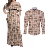 Brown Palaka Hawaii Couples Matching Off Shoulder Maxi Dress and Long Sleeve Button Shirt Hawaiian Lehua Blossoms