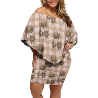 Brown Palaka Hawaii Off Shoulder Short Dress Hawaiian Lehua Blossoms