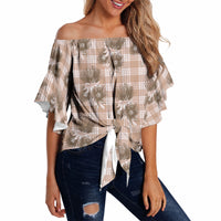 Brown Palaka Hawaii Off Shoulder Wrap Waist Top Hawaiian Lehua Blossoms LT05 - Polynesian Pride