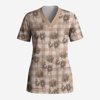 Brown Palaka Hawaii Scrub Top Hawaiian Lehua Blossoms