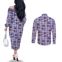 Purple Palaka Hawaii Couples Matching Off The Shoulder Long Sleeve Dress and Long Sleeve Button Shirt Hawaiian Lehua Blossoms LT05 - Polynesian Pride