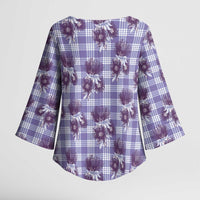 Purple Palaka Hawaii Kimono Sleeve Blouse Hawaiian Lehua Blossoms