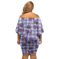 Purple Palaka Hawaii Off Shoulder Short Dress Hawaiian Lehua Blossoms