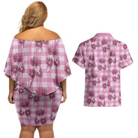 Pink Palaka Hawaii Couples Matching Off Shoulder Short Dress and Hawaiian Shirt Hawaiian Lehua Blossoms