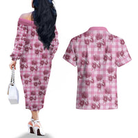 Pink Palaka Hawaii Couples Matching Off The Shoulder Long Sleeve Dress and Hawaiian Shirt Hawaiian Lehua Blossoms LT05 - Polynesian Pride