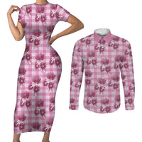 Pink Palaka Hawaii Couples Matching Short Sleeve Bodycon Dress and Long Sleeve Button Shirt Hawaiian Lehua Blossoms