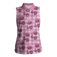 Pink Palaka Hawaii Women Sleeveless Polo Shirt Hawaiian Lehua Blossoms