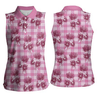Pink Palaka Hawaii Women Sleeveless Polo Shirt Hawaiian Lehua Blossoms