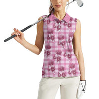 Pink Palaka Hawaii Women Sleeveless Polo Shirt Hawaiian Lehua Blossoms