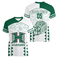 Custom Hawaii Football Women V Neck T Shirt Rainbow Warriors Kakau Pattern LT05 - Polynesian Pride