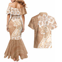 Polynesian Women's Day Couples Matching Mermaid Dress and Hawaiian Shirt Brown Hibiscus Flowers With Polynesian Pattern