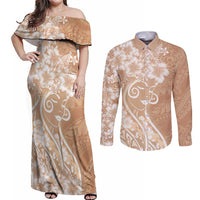 Polynesian Women's Day Couples Matching Off Shoulder Maxi Dress and Long Sleeve Button Shirt Brown Hibiscus Flowers With Polynesian Pattern