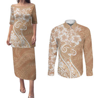 Polynesian Women's Day Couples Matching Puletasi and Long Sleeve Button Shirt Brown Hibiscus Flowers With Polynesian Pattern