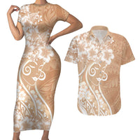 Polynesian Women's Day Couples Matching Short Sleeve Bodycon Dress and Hawaiian Shirt Brown Hibiscus Flowers With Polynesian Pattern
