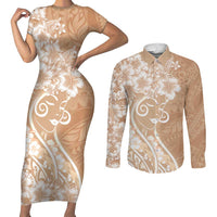Polynesian Women's Day Couples Matching Short Sleeve Bodycon Dress and Long Sleeve Button Shirt Brown Hibiscus Flowers With Polynesian Pattern