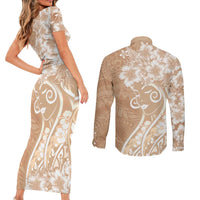 Polynesian Women's Day Couples Matching Short Sleeve Bodycon Dress and Long Sleeve Button Shirt Brown Hibiscus Flowers With Polynesian Pattern