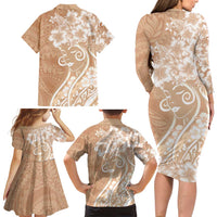 Polynesian Women's Day Family Matching Long Sleeve Bodycon Dress and Hawaiian Shirt Brown Hibiscus Flowers With Polynesian Pattern LT05 - Polynesian Pride